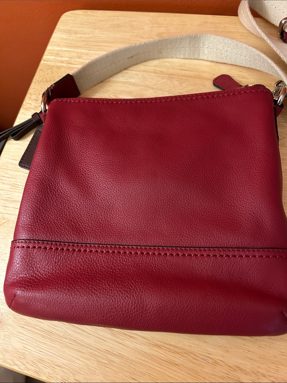 Coach Small Pebbled Leather Crossbody in Burgundy with Canvas Strap - Picture 3 of 11
